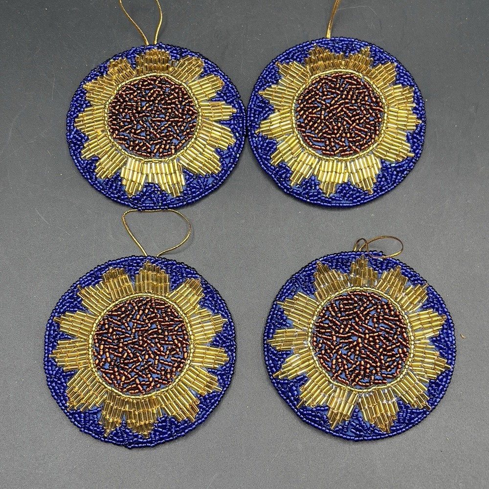 Sparkling Golden Sunflower Seed Bead Ornaments Blue Satin Fabric  3" Set‎ Of 4